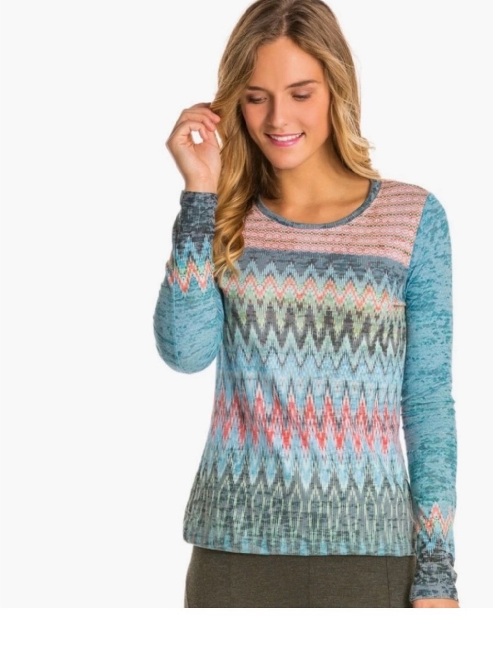 Prana Teal Multi Chevron Long-Sleeve Top